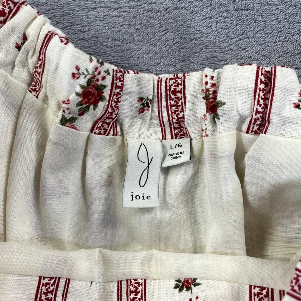 Joie Floral Tiered Midi Skirt L Cream Red Linen Boho Cottagecore Prairie Peasant - Picture 3 of 8
